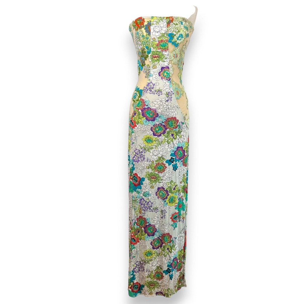 New Miss Bikini Luxe Floral Strapless Sheer Mesh Burnout Maxi Dress Y2K Bodycon